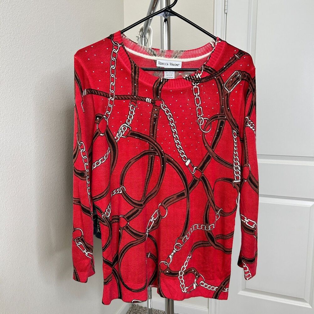 Rebecca Malone Women Red Acrylic Sweater Large Equestrian Chain Horse Bit Print